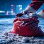 **Close-up scene on a snowy rooftop: Santa Claus’s white-gloved hands gripping and opening a massive red velvet sack. Inside the sack: multiple identical transparent acrylic trophies, heavy and solid, tightly packed, edges catching cold blue light, exactly matching the reference design. One single trophy lies outside the sack on the snow, clearly separate, partially buried under fresh snow, with visible frost, snow crystals, and cold surface condensation. The sack fabric is thick velvet, visibly worn, slightly wet from snow, with realistic folds and weight. Snow clings to the fabric fibers and gathers in creases. The ground shows disturbed snow: hand marks, fabric drag marks, uneven compression, small ice granules. The chimney base is visible nearby with soot-darkened bricks and slight burn residue. Background: blurred city lights at night, cold blue tones, falling snow. Lighting: high-end editorial macro lighting, soft diffused key light + practical ambient city glow, imperfect reflections, realistic shadow falloff, tactile physical realism. Material realism: micro abrasions on acrylic, fingerprints, refraction imperfections, subtle lens bloom. Photographed realism, premium commercial photography, not polished, not artificial. Shot on Canon R5, 100mm macro, f/2.8, ISO 640, 1/160s, shallow depth of field, natural film grain. --ar 4:5 --v 7.0 --raw --oref <https://s.mj.run/SB-W-zigDmg>** - Image #2 <@1239955832326586419>