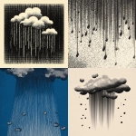 **A retro cartoon-style illustration of rain falling, just lines vertical, and halftone dot shading for texture. Limited two-tone print style (like vintage t-shirt graphics). Whimsical, nostalgic, screenprint-ready, vector, black and white** - <@840070267890958356> (fast)