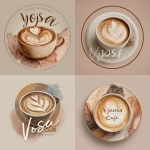 **Design a round emblem logo for Vjosa Café & Events featuring a top-down coffee cup with fluid, river-like latte art that symbolizes flow and creativity. The café name curves gracefully around the outer ring. Use a soft neutral background with gold and taupe tones, evoking warmth, nature, and sophistication. The overall look should feel elegant, organic, and story-driven.** - <@742818012356411403> (fast)