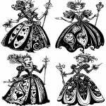 **Queen of Hearts from Alice in Wonderland, in dramatic pose standing with one arm pointing outward and holding a scepter, bold confident expression, large curly hair with crown, cartoon-style clean face and body with no Zentangle or patterns, detailed Zentangle designs only on the dress, elegant flared gown, thick bold black outlines, no color, no shading, no gradients, no sketch textures, clean white background --v 6.0 --ar 2:3** - Variations (Strong) by <@1396220476157591665> (fast)