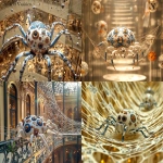 **A porcelain spider sleeps in a web at the new Luis Vuitton Store. (manifold mosaic murmuration) --chaos 70 --ar 4:3 --personalize ch4trh3 --cref <https://s.mj.run/D0CoEu92AbQ> --weird 100 --v 6.1** - <@464410975773261824> (fast)