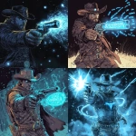 **King Arthur as a cowboy, Excalibur is a pistol inscribed with glowing blue script, western, fantasy, weird west, action pose, gun firing, comic book line art --v 6.1** - <@333046191875162114> (fast)
-# Create, explore, and organize on [midjourney.com](<https://midjourney.com/imagine?from_discord=1>)