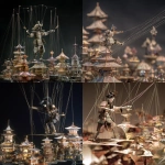 **a legendary Japanese marionette puppeteer stands poised atop a high platform, crisp lacquered armor gleaming with subtle energy--his outstretched hands control radiant threads that descend into a vast marionette city below--each glowing line connects to a spinning architectural pinwheel, no two alike: origami towers, copper fan domes, rotating bridge-spires--structures shimmer with pearlescent finishes and Sakura ink-style edge detailing, inspired by bold brushwork and gel-pen shimmer--city floats in layered tiers beneath him, animated by his precise control--sharp high-contrast light defines every fold and string, iridescent rim lighting on surfaces--captured through a tilt-shift lens: shallow focus on the puppeteer’s hands and threads, blurred pinwheel landscape cascading below--cinematic clarity, dynamic depth, marionette --s 50 --v 7.0 --p z4f83u2 --raw** - <@997245562065789039> (fast)