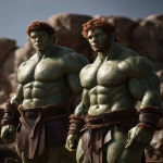**Realistic 3d rendering. Full body portrait of two characters. ruggedly handsome, Hyper muscular handsome twin green skinned orcs, bright silver eyes, short curly redred hair, short pointed ears, defined muscles, pronounced features, hyper muscular, wide Grecian nose, strong square jaw, defined cheek bones, masculine features, freckles. Bodybuilder. wearing a tight short leather skirt. His oiled skin glistens under intense studio lighting. A strong camera flash highlights the shine on his muscles, creating bright reflections on his body, arms, and thighs. Retro fitness photography style, slightly exaggerated lighting contrast, 90s magazine aesthetic, center-framed, studio portrait shot. Standing and posing in a sunny rocky field. --ar 5:6 --v 7.0** - Image #4 <@1222981214734913607>