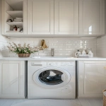 **odern apartment laundry room, one washing machine, sink, cabinets, light color palette, potted flowers, laundry products on shelves, clean and minimal design, bright natural light, cozy and organized, realistic, frontal view --v 6.0 --ar 9:16** - Image #1 <@1095141824018010255>