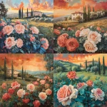 **Coral-orange | Complement: Whisper of turquoise "A luminous Tuscan sunset landscape coral-orange sky glowing with one clear light source. A villa rests in the golden ratio, framed by olive trees. Large coral and cream roses bloom close in the foreground, petals arching off the canvas edges and guiding the eye toward the villa. A whisper of turquoise shimmers in shaded leaves. Painterly strokes, blurred edges in background, crisp highlights on nearest petals, resting place in soft meadow, strong values that hold in black and white. --v 6.0** - <@1110395229338615829> (fast)