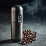 **create a concept photo for a small sleek stainless steel cylindrical shaped portable espresso machine. With a small pressure and heating. With a small screen. On a dimly lit product photo style shoot on darker background and concrete countertop** - Image #3 <@796572981248786462>