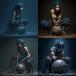 **a blue- and black-haired female pirate, crouching on the ground with her hands tied to cobwebs wrapped around an iron ball, in the style of fantasy art, full-body shot, dark background, game character concept art, high resolution, high detail, cinematic lighting, sharp focus, no blur, bokeh effect, hyper-realistic.** - <@450898678975168513> (fast)