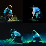 **simple painting of a school girl gardening crouching down, facing front on, black background, backlit blue and green** - <@696956474584334417> (fast)
