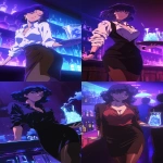 **Fuzzy 90s Anime screengrab, A night club filled with smoke and mirrors that reflect the single beauty standing back a bit walking forward, it's a woman in a business jacket and a long pencil skirt, dark brown stockings, she's carrying a tray with a large pitcher of ice that has glistening blueish square cubes inside and condensation down the glass, her hair midnight blue with purple tips and short cut hair ending around the shoulders, confident smile, narrow squinting blue eyes, pencil thin black eyebrows flat --ar 3:5 --niji 6** - <@372629349565988865> (fast, stealth)