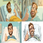 **a grinning man in a hospital bed, round face, glasses, brown hair, neatly trimmed brown beard, giving a thumbs up, in the style of a classic Warner Bros cartoon, --ar 5:3** - &lt;@1062998643696750602&gt; (fast)