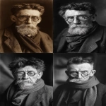 **1920s half-length photo portrait of a 50-year-old man in a worn-out suit, a wool scarf partially covering his lower face, large vintage glasses, thick black hair with streaks of gray, slightly unkempt, thick beard, tired eyes, dimly lit study, clear facial features, 35mm lens, f/1.8, accent lighting, global illumination q 2 --ar 2:3** - <@347458500403920897> (fast)