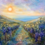 **A breathtaking ethereal landscape painting, blending vibrant oil paints with luminous, translucent organza textures, capturing a vineyard at golden hour with rolling hills, lush grapevines, and a tranquil seascape horizon. A rising sun with soft pinks, lavenders, and golds evokes empowerment and resilience, with delicate organza layers adding shimmering, whimsical depth. The composition radiates divine calm and timeless elegance, transforming spaces into sophisticated sanctuaries, framed by a luxurious interior hint. Inspired by nature’s grace and spiritual strength, in Deeline’s mixed-media style, highly detailed, cinematic lighting, 4K resolution. --v 6.0** - Image #4 <@1110395229338615829>