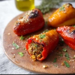 **<https://s.mj.run/LuDWu39peyE> <https://s.mj.run/-sPvWyoU1oU> <https://s.mj.run/45GmJjmodfk> Hyper-realistic close-up of whole Neapolitan-style stuffed sweet peppers (peperoni imbottiti), golden and blistered from frying, resting on a rustic kitchen countertop. The peppers are filled to the top with a mixture of bread, anchovies, herbs, crushed walnuts, garlic, tomato, and grated cheese. Some stuffing is slightly visible at the opening. A bit of olive oil glistens on the skin, and light frying marks enhance the roasted look. Warm, natural lighting from a nearby window highlights the textures and vibrant colors. Background includes a wooden cutting board, scattered herbs, and a casual Southern Italian kitchen ambiance.** - Image #3 <@1277569890588557353>