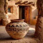**ancient New Mexico pottery olla with stylized lizard procession band (gecko-like silhouettes, non-sacred, geometric, thin-line), black-on-white, weathered matte slip, small chips; near a tan adobe doorway with wooden lintel, soft late sun, watercolor granulation, in the style of E. H. Shepard, 1910 respectful, non-sacred motifs, not a museum label --ar 4:5 --stylize 300 --chaos 4 --no glossy glaze, no text, no logos --raw** - Image #2 <@1081749564803010630>
