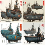**a dnd style concept art with Ashley Wood details of two feudal japan wooden and old iron nuclear powered space destroyer boats, Japan Meiji era armada, have different number in the hull, same size but not identical, dark industrial scifi style, labeled as space fleet's best units, white-midnight blue contrast color with orange accents and small hi-viz lime and red hazard markings, mechanical details, Japanese characters graffiti on the hulls, realistic look, moody atmosphere, a little bit foggy, signal towers, various size nobori, various size lanterns, robotic-mechanical arms, have japanese anime mural on the hulls, signal cabbles, on a white background in the style of Studio Ghibli and Makoto Shinkai, cel-shaded, full-body, cartoon, 2D game art --ar 11:5** - <@1043498067623686144> (fast)