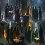 **five cloaked skaa rebels gathered in a narrow ash-covered alley at night, huddled around a rough map spread across a crate, mist swirling at their feet, black ash falling from the sky, each figure distinct: one pointing with a gloved hand, another watching the warehouse gate in the distance, worn gear and makeshift weapons, faint orange lantern glow from a nearby window, tense cinematic moment before a mission, dark fantasy, mistborn inspired, oil painting style --ar 16:9 --v 6.0 --raw** - <@398622100233125890> (fast)