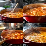 **Creamy tomato tortellini soup cooking in a large red Dutch oven on a stovetop, rich tomato base bubbling gently with cheese tortellini floating, steam rising, wooden spoon resting on the side, soft kitchen lighting, cozy evening cooking atmosphere --v 6.0 --ar 4:5 --raw** - <@1321895242076520463> (fast)