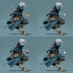 **fantasy art style. young air genasi misty stepping. He is a cleric with black hole iconography. he has bits of rogue gear mixed into his robes, such as a leather pauldron --v 7.0** - Variations (Region) by <@784252075265490974> (fast)
