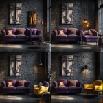 **an ultra-realistic photo depicting the concept of an interior design for a living room, featuring an elegant purple sofa and wall art with a face in the style of picasso, rendered in geometric shapes and framed on dark brick walls. the lighting is warm and inviting, casting soft shadows to accentuate the textures of both the furniture and the artwork. this scene embodies contemporary luxury with a touch of modern artistic flair. --ar 71:67** - Pan Right by <@1313000520759377972> (fast)