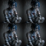 **fantasy concept character, there is a hole in her chest and you can see her heart and inside of her chest there are spiderwebs, she looks sad, she has short black hair with blue strikes, wearing rags and gladiator heels --v 7.0** - Variations (Region) by <@450898678975168513> (fast)
