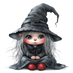 **Gothic adorable female gnome. Wearing all black ,sliver and red. Her witches hat is pulled down over her eyes. Her little button nose just peeking out from under the hat. Fine line drawing, airbrush design, watercolor, realistic cartoon rendering illustration isolated on white background --v 6.1 --s 250** - Image #4 <@807465804512886785>