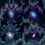**A colossal cosmic entity of pure void energy, its massive form glowing with deep blues and purples, crowned with jagged crystalline horns radiating ethereal light. Its chest contains a swirling miniature galaxy, pulsing with gravitational power, as if holding an entire universe within. The creature’s arms are outstretched in a commanding, godlike gesture, void tendrils and nebula-like wisps spiraling around it. Its faceless head glows with faint, piercing eyes, exuding an overwhelming presence of cosmic dominion. The background is a vast expanse of space, dotted with distant stars and galaxies, the darkness around it bending under its immense gravitational pull. Hyper-detailed, cinematic lighting, epic fantasy-meets-sci-fi concept art, ultra high resolution, cosmic scale. utopian toast --ar 3:2 --p yqp5qk7 tzl2qbv --oref <https://s.mj.run/kk6udE1znbM> --v 7.0** - Variations (Strong) by <@106534493057220608> (relaxed, stealth)