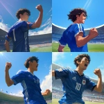 **Young Japanese male soccer player standing boldly on a green soccer field, wearing a plain solid blue soccer jersey with a single white back number, no logos or brands, clenching his fist with determination, modern stadium filled with cheering fans, bright natural daylight between morning and noon shining on the field, dynamic wind gently moving his hair and jersey, intense and brave expression on his face, cinematic atmosphere, realistic style, wide shot, no goalposts, no teammates, focus on the player’s strong stance and confident gaze --niji 6** - <@1212945075831836692> (relaxed)
-# Create, explore, and organize on [midjourney.com](<https://midjourney.com/imagine?from_discord=1>)