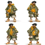 **Anime character concept art of a goofy-smiling teenage boy, 2D pseudo-impasto style with anime movie vibe, rough bold impasto brushstrokes, strong color contrast, cyberpunk tech aesthetic: messy spiky black hair, black-rimmed glasses, slight silly grin; oversized cyber utility outfit: army green mixed with mustard yellow hooded utility jacket (covered in multiple pockets, patches, straps and tech accessories), matching cargo capris (with white patchwork fabric and tool hangings), scuffed orange-and-white chunky tech boots, tech-style wrist guards; clean white background, gritty textured painting, cyberpunk workwear details blending oversized street style and futuristic tech elements --ar 2:3** - Variations (Strong) by <@409716268476923920> (fast)