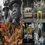 **I want an ultra-realistic photo of two different views of Carnival. One sitting on the sofa, in the comfort of home, and the other sitting on a park bench enjoying Carnival with a street band behind. The image must be of the same person, a 30-year-old Brazilian man. The image should be cropped in half to give the feeling of two different universes. The image is from a credit card editorial. Focus on Brazilian elements and scenery. --ar 16:9** - <@1088178834882433214> (fast)