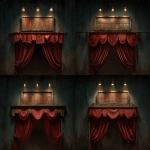 **An open retro circus curtain at night. Over the curtain is a wooden square sign board with grunge paint and missing letters. Photorealistic --ar 8:5 --v 7.0 --p 7hy8o9f** - Variations (Subtle) by <@1124306677462745169> (fast)