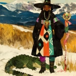 **Warrior witch thundersnowpunk with long braids and stylized warrior witch’s hat and alligator companion in the snow --sref 1999999999 1999999991 416557976 2252558232 698008135 1078492728 2187294478 217414415 416417418 7337 80085 696969 47 73 97 100 --sv 4 --niji 6 --p grjlt42 --raw** - Image #3 <@948741381743083580>