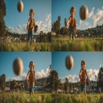 **Image from slightly above eye level: a 10-year-old boy wearing blue shorts and an ochre t-shirt stands on a lush green park lawn, mid-action as he throws a baseball directly toward the viewer. A baseball glove is on his hand, and the ball floats mid-air above him. He is looking directly at the camera. Natural sunlight with soft shadows illuminates the scene. The background features a clear blue summer sky, distant trees, and buildings along the horizon. Full-body view, professional color grading, clean sharp focus, no grain, cinematic quality. Shot with a Sony Alpha A7 III and Zeiss ultra-macro lens, f/2.8 aperture, high resolution:: --aspect 16:9 --s 250** - Variations (Strong) by <@1220830039520841890> (fast)