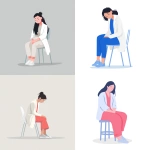 **Background color is white 1:1 aspect ratio. A female sitting slightly hunched on a chiar, gentle tired facial expression, showing low energy and fatigue. Western minimalist medical line illustration, flat vector style, no gradients, no textures, modern colors, suitable for medical education** - <@978006358924353536> (fast)