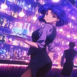 **Fuzzy 90s moe chibi kawaii Anime screengrab, A night club filled with smoke and mirrors that reflect the single tsun tsun expression girl standing back a bit walking forward, it's a woman in a business jacket and a long pencil skirt, dark brown stockings, she's carrying a tray with a large pitcher of ice that has glistening blueish square cubes inside and condensation down the glass, her hair midnight blue with purple tips and short cut hair ending around the shoulders --ar 6:7 --niji 6** - Image #2 <@372629349565988865>