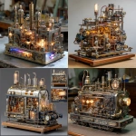 **the most complicated, intricate, highly detailed desktop steampunk machine ever, made from different metals, steel, brass, rubber, titanium, gears, cogs, lights, steam whistles, govenors, pipes, sitting on a work bench** - <@1367203363514486854> (fast)