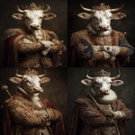 **<https://s.mj.run/1NjRNbUywKQ> photo portrait of a very rich European king with his arms crossed in front of his body, but his head is a mostly white cow's head and he is wearing a crown and carrying a sceptre --ar 2:3 --v 7.0** - <@1103975769467789322> (fast)
