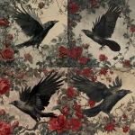 **an old photograph of a raven flying while being chased by ivy and vines and red roses, in gothic style imagery** - <@424564814052851715> (fast)