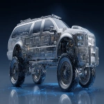 **Stainless steel SUV modern long body, full of hydraulic mechanical parts, ultra bionic super shape, dark background, round lines, over blue cracked base, --ar 16:9** - Image #4 <@1164377807414116392>