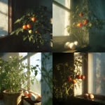 **a close-up, angle view, photorealistic image of a tomato plant, in a kitchen windowsill, with sun rays shining in at dawn. However, the tomatoes have been replaced by chicken eggs. It is a plant that grows chicken eggs.** - <@862409288793980959> (fast)