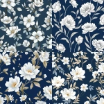 **a seamless pattern of white floral designs on a blue background, with a vintage feel inspired by the aesthetics and techniques of mid-20th-century textile printing, suitable for interior wallpaper or fabric design. the flowers should be stylized and delicate in pastel shades against a deep sky-blue backdrop, creating an elegant and timeless look that would fit well into various home interiors. --v 5.2** - <@1252239472981049410> (fast)