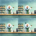 **in a children's book style frosty the snowman in a pharmacist jacket behind the counter, friendly, clean, white background, slight green highlights, happy, welcoming, wearing a top hat --v 7.0** - Variations (Region) by <@641548253271425034> (fast)