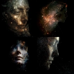 **create an abstract art of portrait of a middle aged woman and also of twinkling mysterious expanse of the cosmos superimposed on one another. Black background. Use dark colours like universe and cosmos** - <@1084960975586869341> (relaxed)