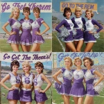**ultra realistic, highly detailed, photographic image of three beautiful high school pompom girls of the 1960’s smiling happily with a beautiful well manicured football field behind them. Their short skirted purple and white outfits have a calligraphic "S" on the bodice. Above them is a huge attractive banner saying "Go Get Them Cherokees". HD** - <@1327691479602298971> (fast, stealth)