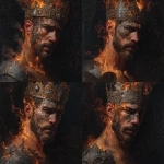 **A wide, front-facing oil painting portrait of a king wearing an awe-inspiring, intricately detailed welding crown adorned with ancient symbols and shimmering jewels that seem to pulse with inner fire. His full face, chest, and upper torso are visible. The left side of his face and shoulder are consumed by vivid, almost supernatural flames ethereal and alive casting dynamic, flickering light that dances wildly across his skin and armor. The flames subtly form ghostly shapes of angels and souls rising, blending spiritual mysticism with raw elemental power. A bold, cracked ash cross, textured like burnt wood and glowing faintly with silver embers, is emblazoned on his forehead a stark symbol of humility, mortality, and divine purification. His expression is calm yet fervent, eyes burning with inner fire and transcendent wisdom, embodying spiritual strength, sacrifice, and rebirth. The dark, textured background pulses with smoky shadows and faint celestial constellations, as if the universe itself watches this sacred moment. Rendered in rich, detailed soft oil brush strokes that give the skin a warm glow, the flames a mesmerizing flow, and the crown a regal grandeur blending hyperrealism with a visionary, almost mystical atmosphere full of emotional intensity and symbolic depth. --v 7.0** - Variations (Subtle) by <@1097374443979935885> (fast)