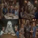 **unreasonably large extremely furry animal infused fancy gelatin treat being served to the family, incredulous stares, best sitcom moment, surreal, stunning --chaos 55 --ar 3:2 --exp 50 --stylize 750 --v 7.0** - <@246480551605698561> (relaxed)