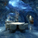 **6 Person restaurant room interior space rendering. Sea-Carved Grotto (Primitive Cave Style). Theme is Natural cave wonders sculpted by ocean waves. Hand-carved mineral paint mimicking rock texture, embedded with fossilized shells & glowing crystal clusters. Irregular dome covered with deep blue starry stretch ceiling, hanging stalactite-shaped lights. modern marble round table and chairs. Water curtain at entrance creates cave "water seepage" effect . high detail, hyper quality,high resolution.** - Image #2 <@1071797316660506746>