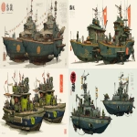 **a dnd style concept art of two feudal japan iron and wooden space pirates armored power boats, have different number in the hull, same size but not identical, dark industrial scifi style, labeled as marine research power boats, navy-sand color color with small hi-viz lime hazard markings and army green decals, technical crane, mechanical details, Japanese characters, realistic look, moody atmosphere, a little bit foggy, signal towers, gattling guns, various size nobori, various size lanterns, have japanese mural on the hulls, signal cabbles, on a white background in the style of Studio Ghibli and Makoto Shinkai, cel-shaded, full-body, cartoon, 2D game art --ar 11:5** - <@1043498067623686144> (fast)
-# Create, explore, and organize on [midjourney.com](<https://midjourney.com/imagine?from_discord=1>)