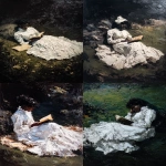 **a dark, moody oil painting in thick, chunky impasto of an african american woman in a victorian white dress laying on a blanket outdoors reading a book. in the style of Johann Henry Fuseli. --ar 3:4 --v 7.0** - <@693132661379825714> (fast)