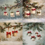 **oil painting, toilet paper rolls hanging from evergreen branches with red and green bows, snow falling in the background, vintage style, rustic farmhouse aesthetic, christmas-themed, soft lighting, neutral tones of beige, cream, and brown. --ar 67:89** - <@755829658108297216> (fast)